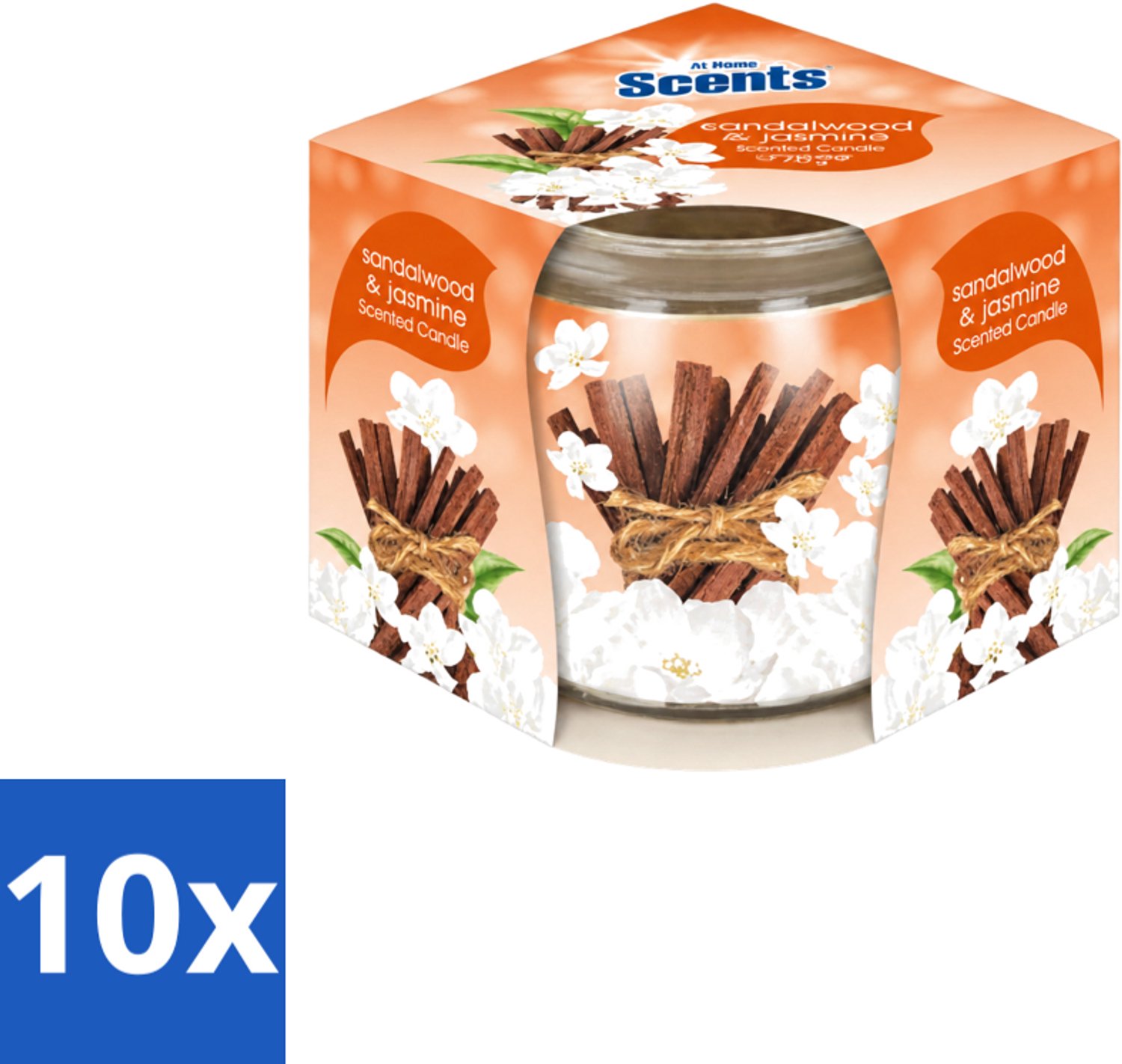 At Home 10 x At Home - Scents - Geurkaars - Sandalwood & Jasmin - 70 g - Voordeelverpakking - 10 stuks Bruin