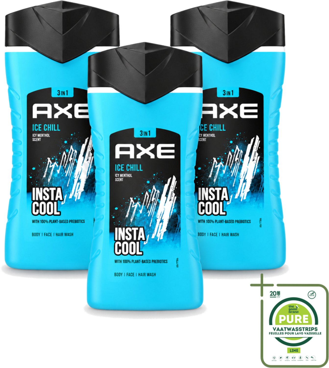 3 x Axe - 3-in-1 Douchegel - Ice Chill - Icy Menthol - Insta Cool - 100% Plantaardig - 150 ml - Grootverpakking - Vaatwasstrips - Douchegel - Menthol - 3-in-1 - Frisheid - Onweerstaanbare Geur