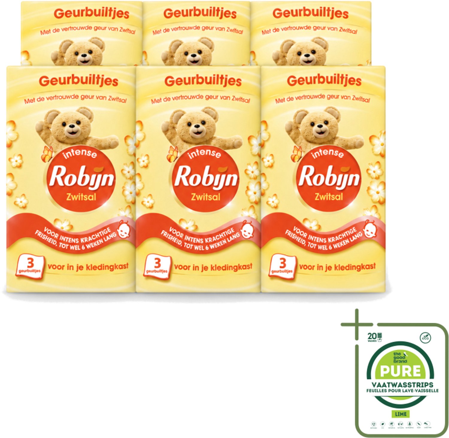 6 x Robijn - Zwitsal - Geurbuiltjes - Zachte Babygeur - Hypoallergeen - 3 Geurbuiltjes - Grootverpakking - Vaatwasstrips - Zwitsal Geur - Geurbuiltjes - Babygeur - Kledingkast - Lade