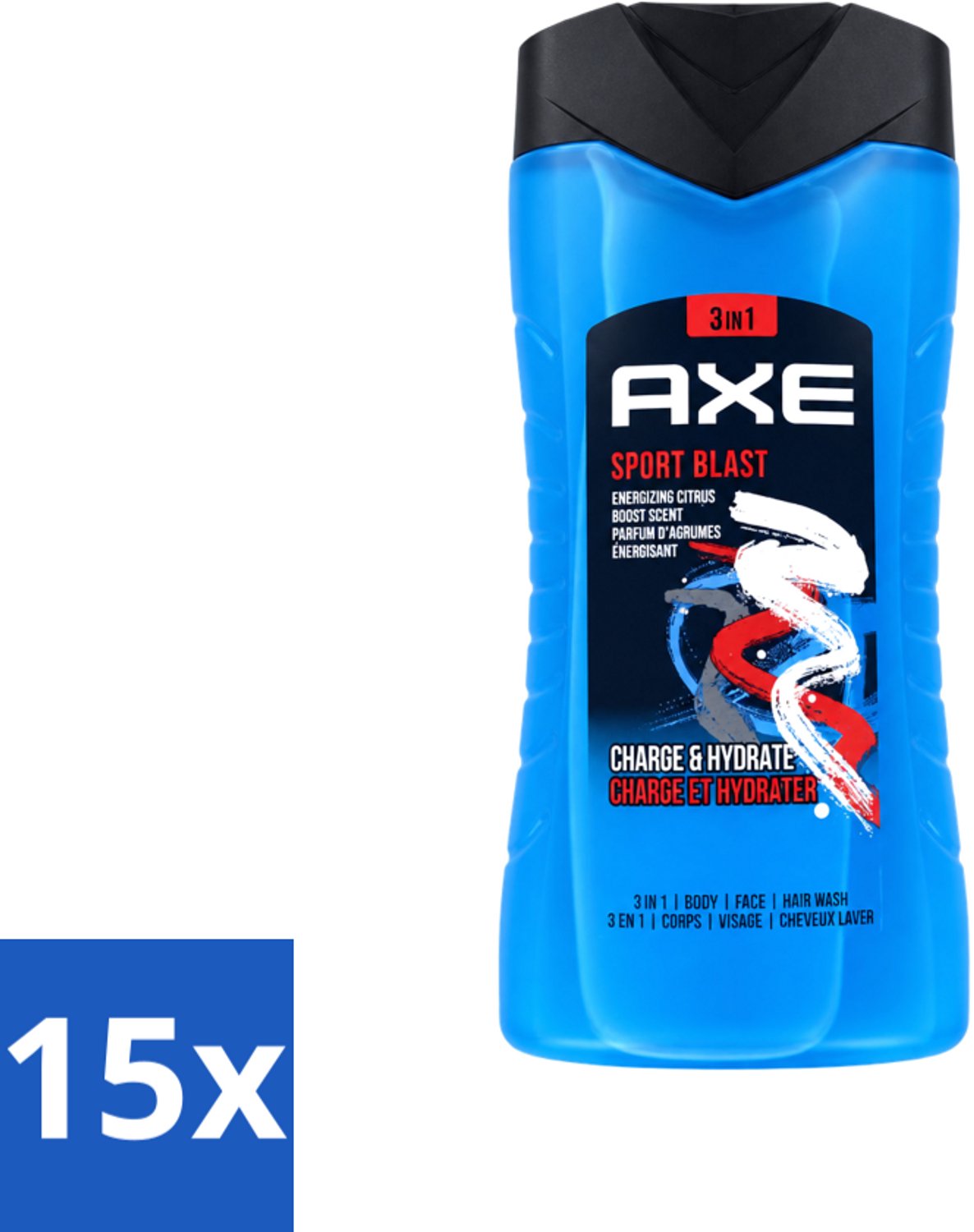 15 x Axe - 3-in-1 Douchegel - Sport Blast - Energizing Citrus - Hydraterend - 250 ml - Voordeelverpakking - 15 stuks