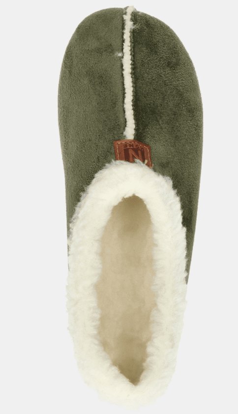 Olijfgroene pantoffel met witte voering van imitatiebont, bovenaanzicht met merklabel 'Nortenas'.