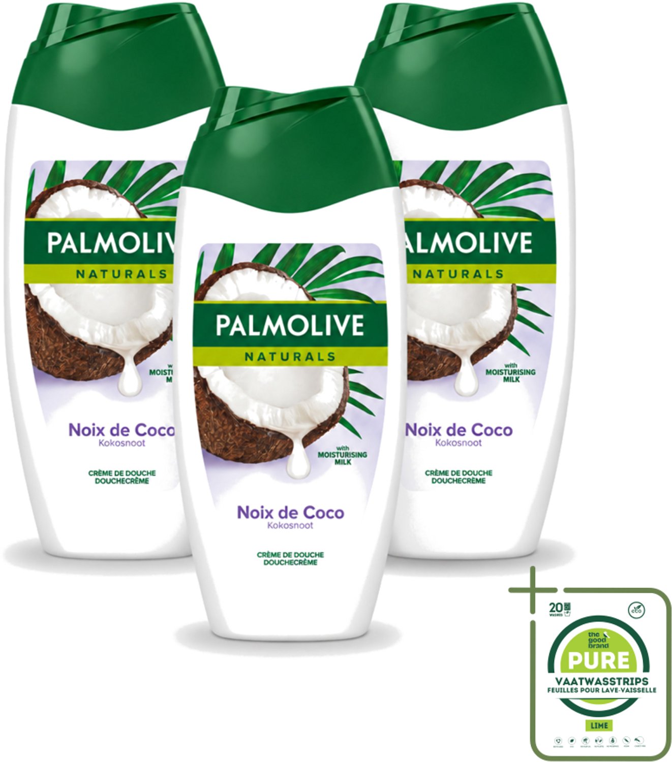 3 x Palmolive Naturals - Douchecrème - Kokosnoot - 250 ml - Grootverpakking - Vaatwasstrips - Douchegel Kokos - Douchegel Tropisch - Douchegel Voor Huid Verzorging - Kokos Geur - Hydraterende Douchegel