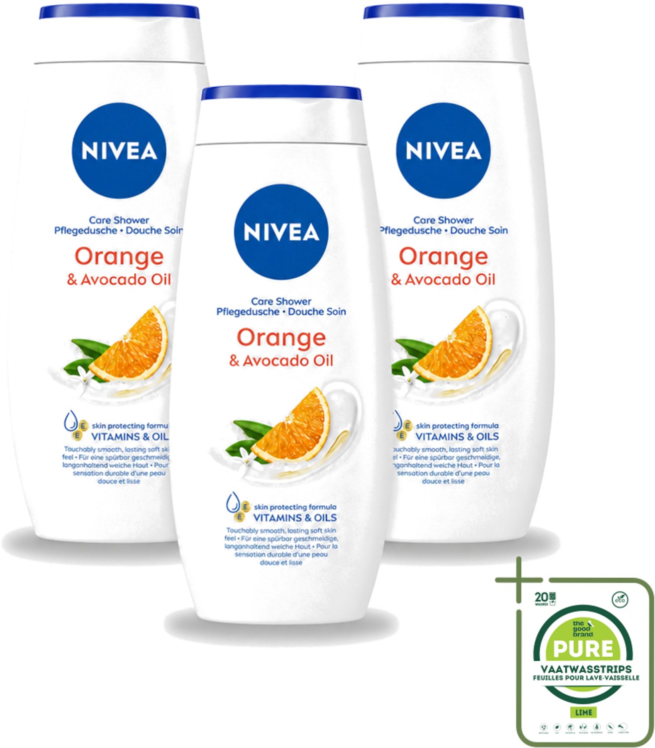 3 x Nivea - Douchegel - Orange - Voelbaar Gladde Huid - 250 ml - Grootverpakking - Vaatwasstrips - Douchegel - Huid Verzorgen - Bamboemelk - Sinaasappelgeur - Voedende Douchegel
