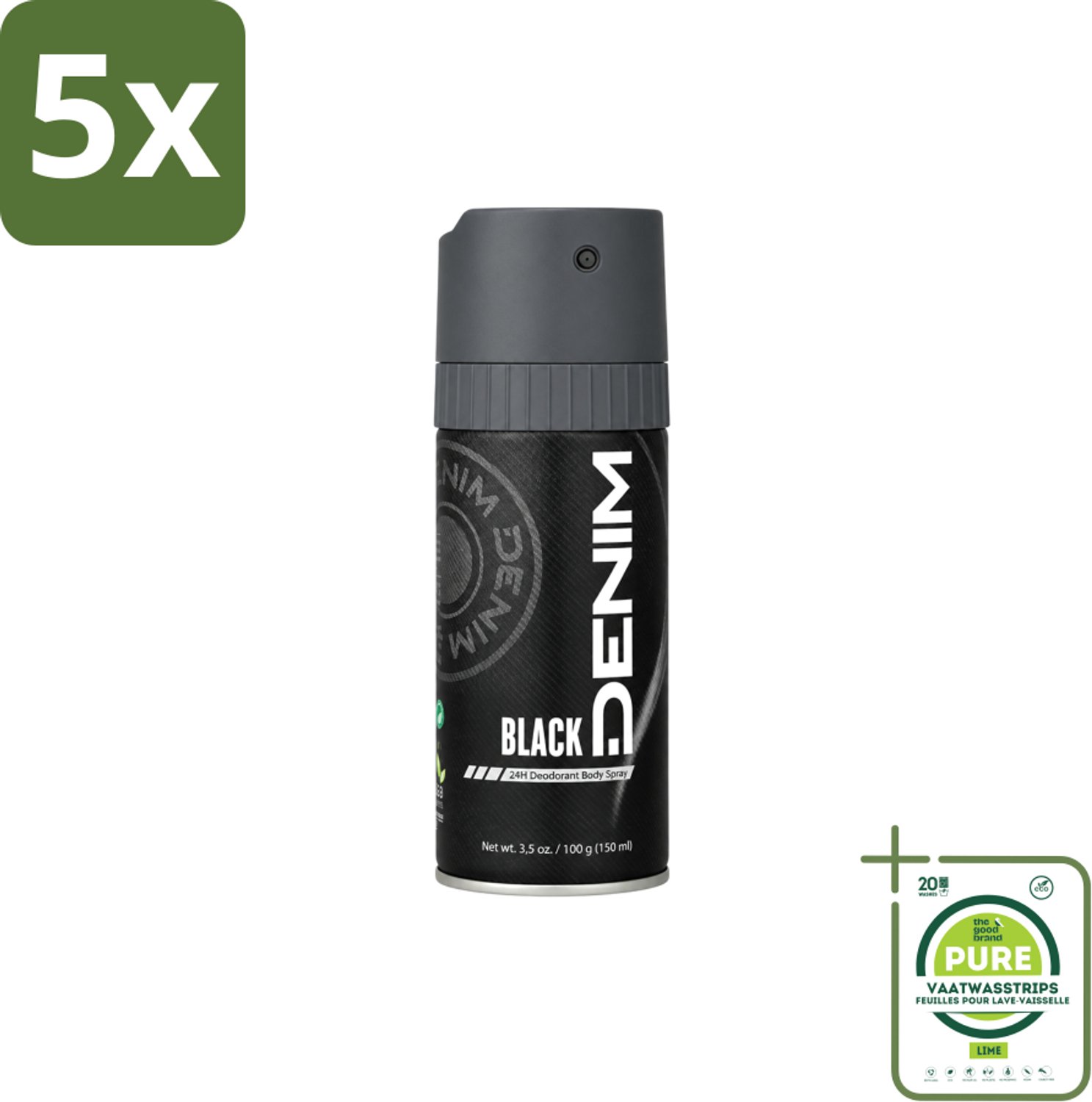 5 x Denim - Deodorant Aerosol - Black Geur - Voor Mannen - 150 ml - Grootverpakking - Vaatwasstrips - Deodorant Spray - Mannelijke Geur - Frisheid - Transpiratie - Geurcontrole