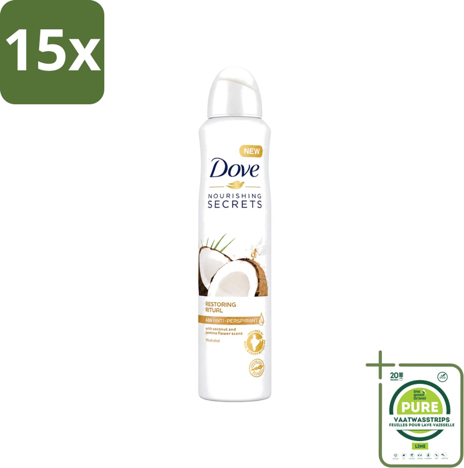 15 x Dove - Deodorant - Coconut & Jasmine Flower - Tropisch en verzorgend - 250 ml - Grootverpakking - Vaatwasstrips - Deodorant Spray - Kokos En Jasmijn - Zachte Oksels - Anti-transpirant Spray - Fris Gevoel
