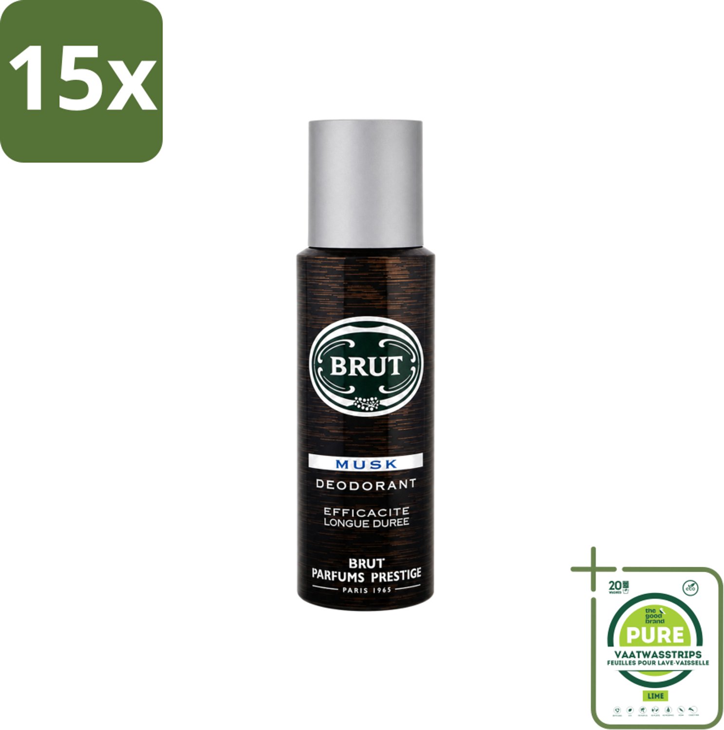 15 x Brut - Deodorant - Spray - Musk - Klassieke mannengeur - 200ml - Grootverpakking - Vaatwasstrips - Deodorant Spray - Muskus Geur - Mannelijke Geur - Lichaamsgeur Bescherming - Frisheid