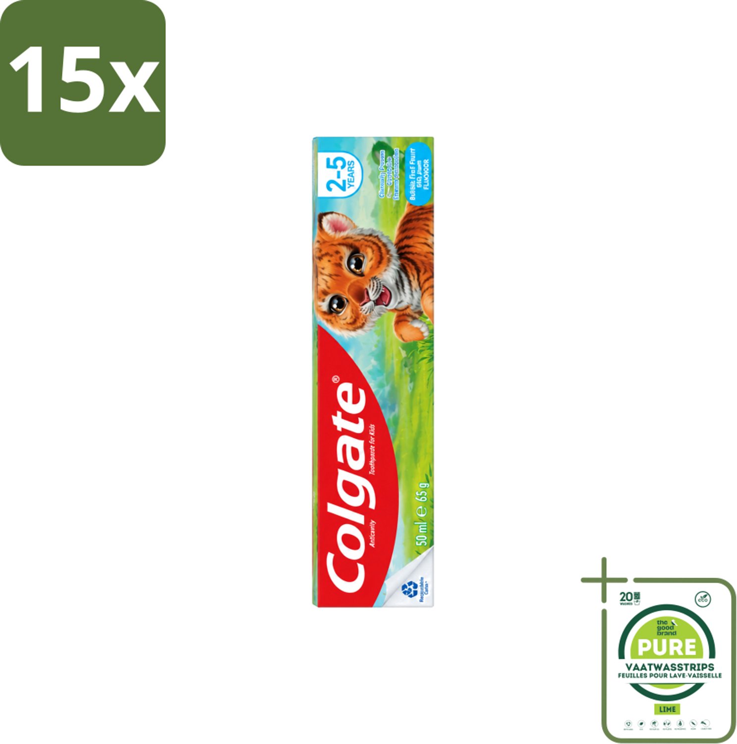 15 x Colgate - Bubble Fruit - Kindertandpasta - Voor 2 tot 5 jaar oud - 50ml - Grootverpakking - Vaatwasstrips - Kinder Tandpasta - Melktanden Beschermen - Gaatjes Voorkomen - Kinder Tanden Poetsen - Suikervrije Tandpasta