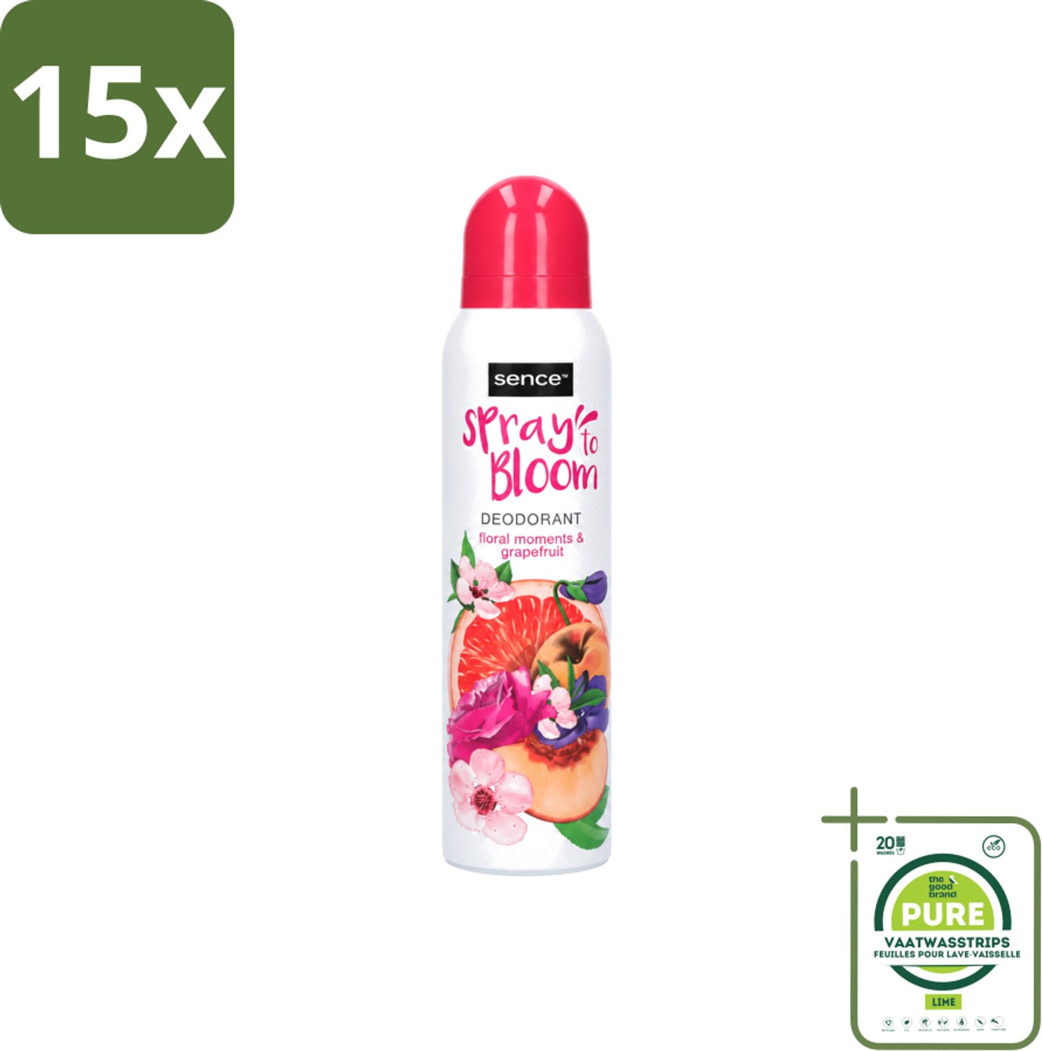 15 x Sence - Floral & Grapefruit - Deodorant - Fris & Fruitig - 150 ml - Grootverpakking - Vaatwasstrips - Frisheid - Fruitige Geur - Deodorant - Bloemige Geur - Grapefruit
