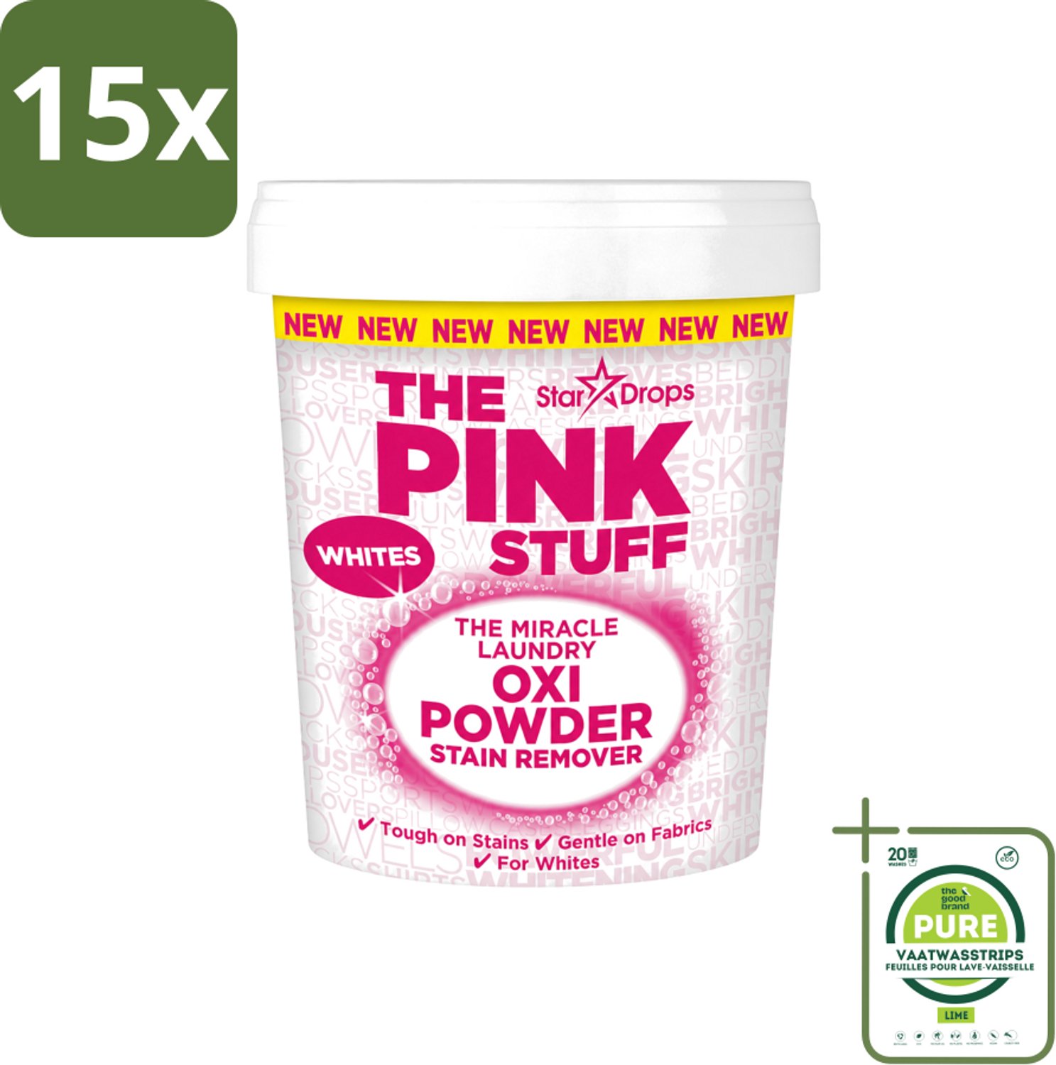 15 x The Pink Stuff - Vlekverwijderaar - Voor Witte Was - 1kg - Grootverpakking - Vaatwasstrips - Vlekverwijderaar Wit - Wasmiddel Voor Witte Stoffen - Vlekken Verwijderen - Voorwasmiddel - Wasmiddel Poeder