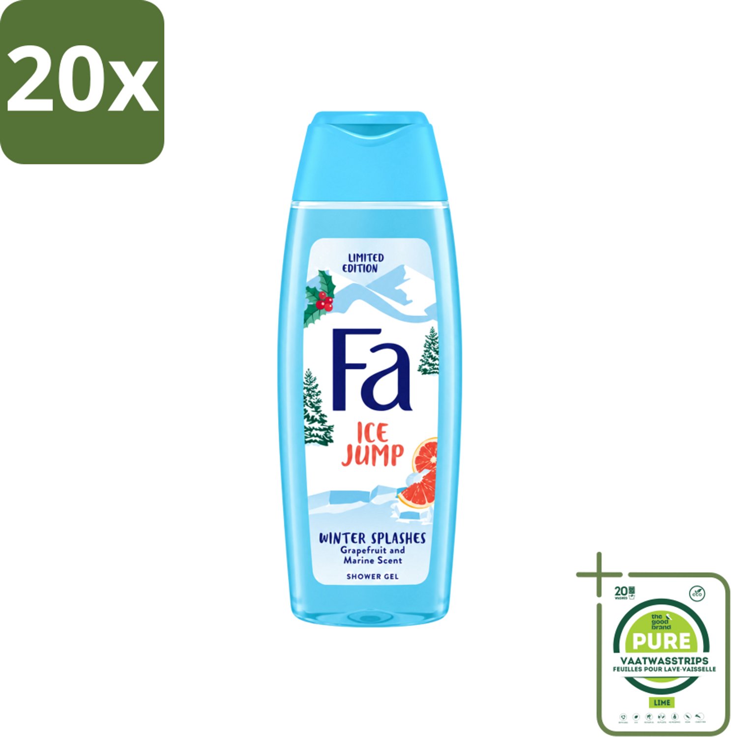 20 x Fa - Douchegel - Winter Splashes Ice Jump - Frisse Geur & Verfrissing - Verzorgend - 250 ml - Grootverpakking - Vaatwasstrips - Douchegel - Zeebries - Grapefruit - Winter - Verfrissend