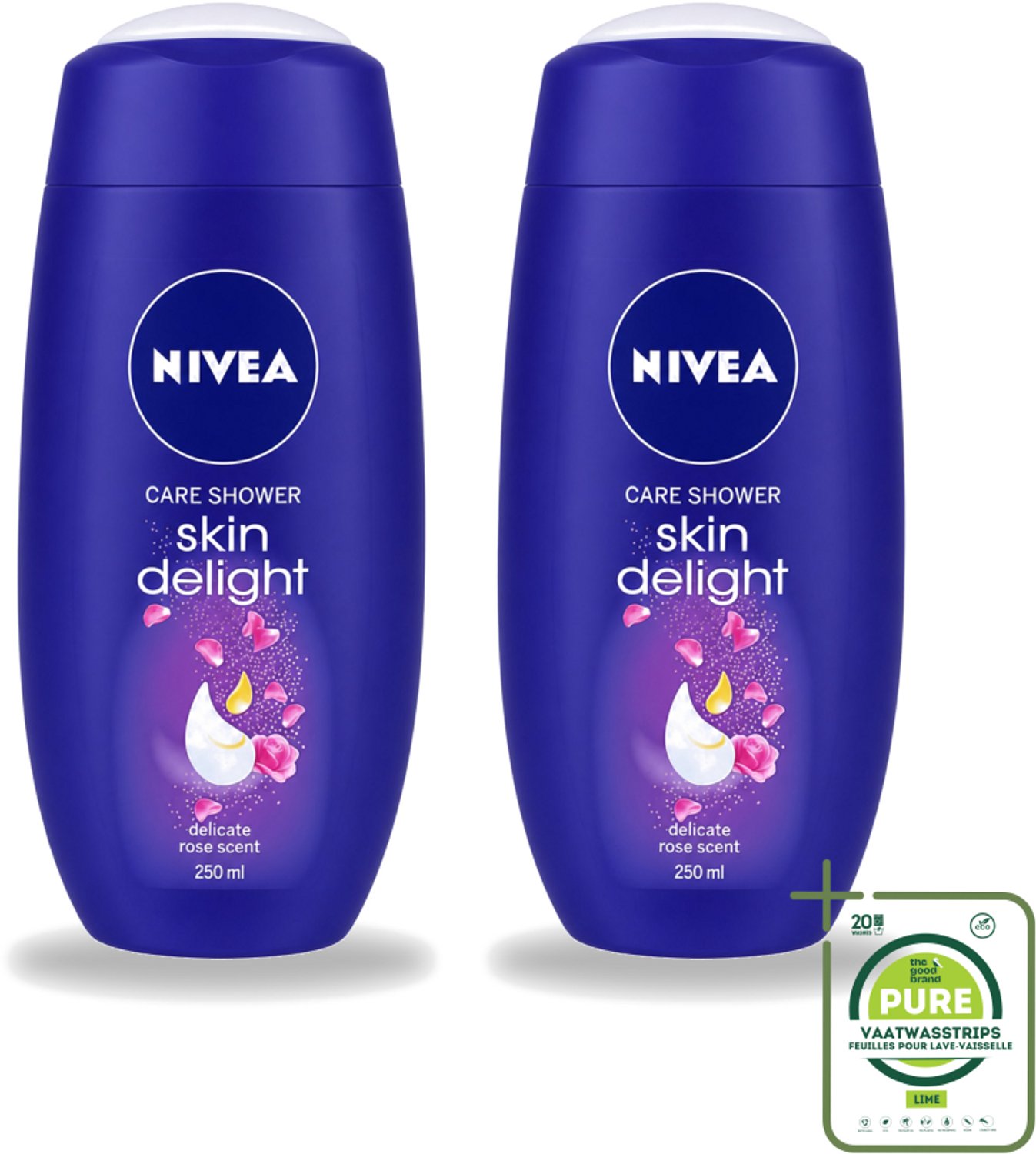 2 x Nivea - Douchegel - Skin Delight Delicate Rose - 250 ml - Grootverpakking - Vaatwasstrips - Douchegel - Roze Geur - Huid Verzorging - Glycerine - Amandelolie
