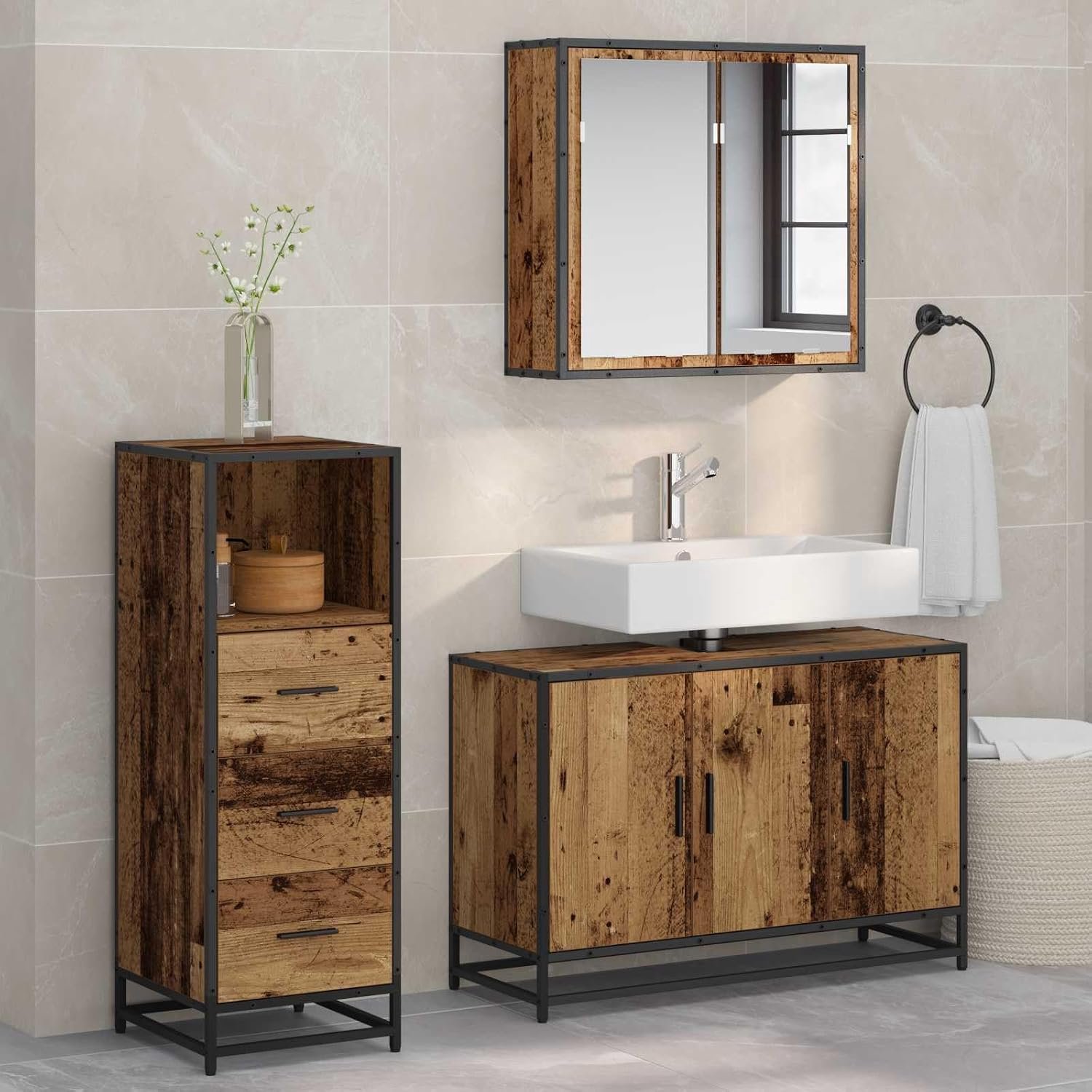 Badkamermeubelset 3-delig oud hout houtmateriaal met spiegel en kast