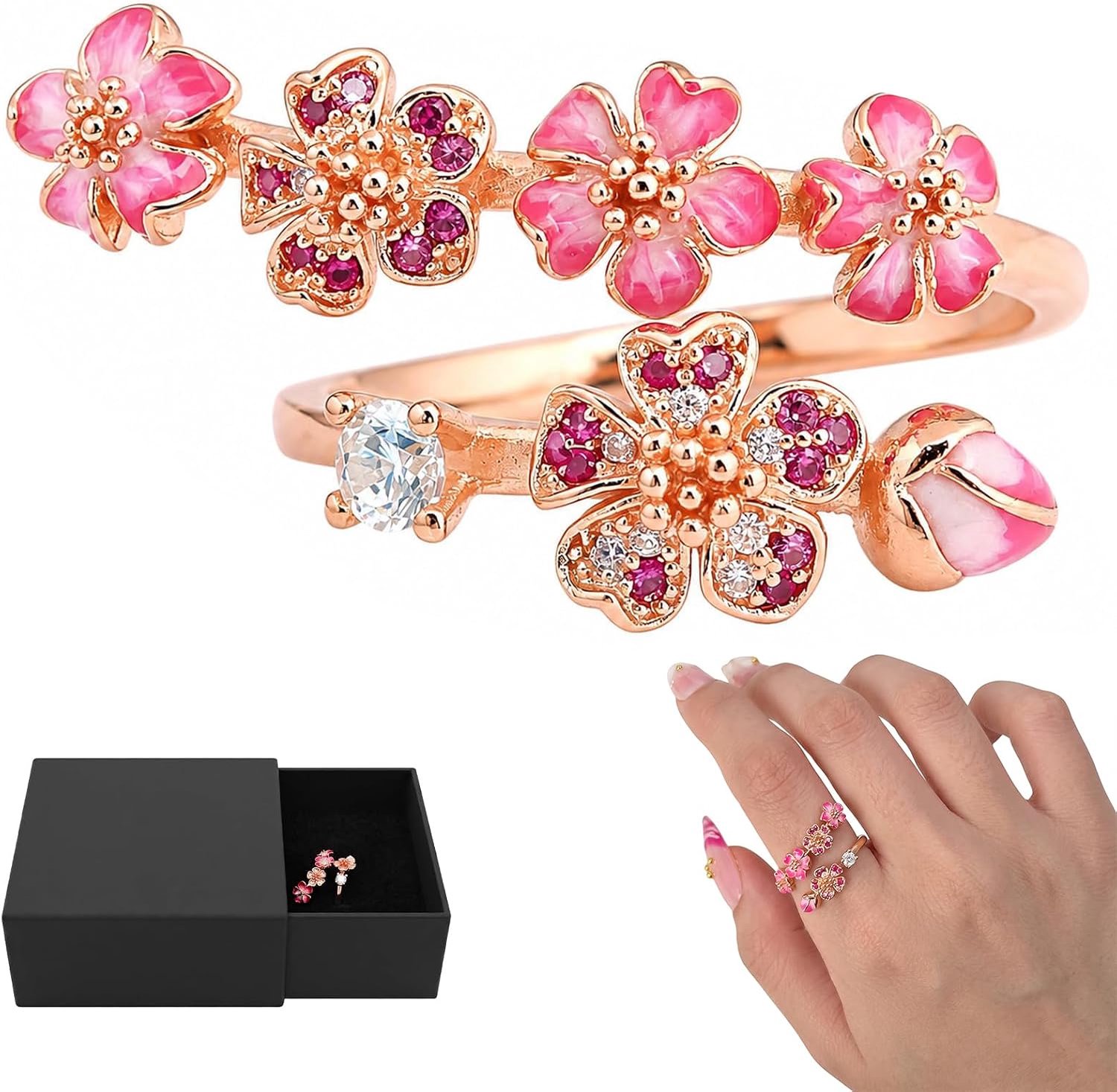 Ring voor Dames, Verstelbaar - Roségoudkleurige bloemenring met strass-steentjes, Open Wikkelring, Bloemenjuweel voor Dames, Inclusief Zwarte Geschenkdoos