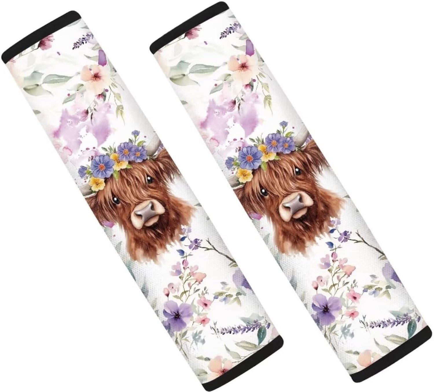 Autogordel kussens - 2 stuks - Highland Cow Floral Violet - Verhoogt rijcomfort - Vemera