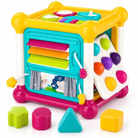 Activiteitenkubus met schuifluiken, een olifantje, drukknoppen en een paneel met kleurrijke bobbels.