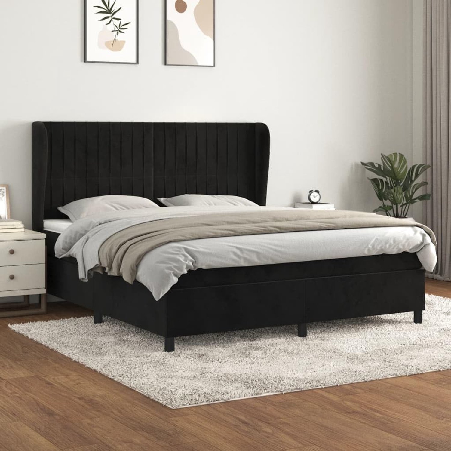 Boxspring met matras fluweel zwart 180x200 cm – Luxe fluwelen boxspring met verstelbaar hoofdbord, pocketvering matras en huidvriendelijk topmatras voor een rustgevende rug- en buikslapers