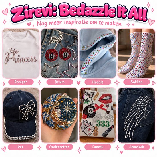 Inspiratie voor strass-decoraties: romper, jeans, hoodie, sokken, pet, onderzetter, canvas en broekzak.
