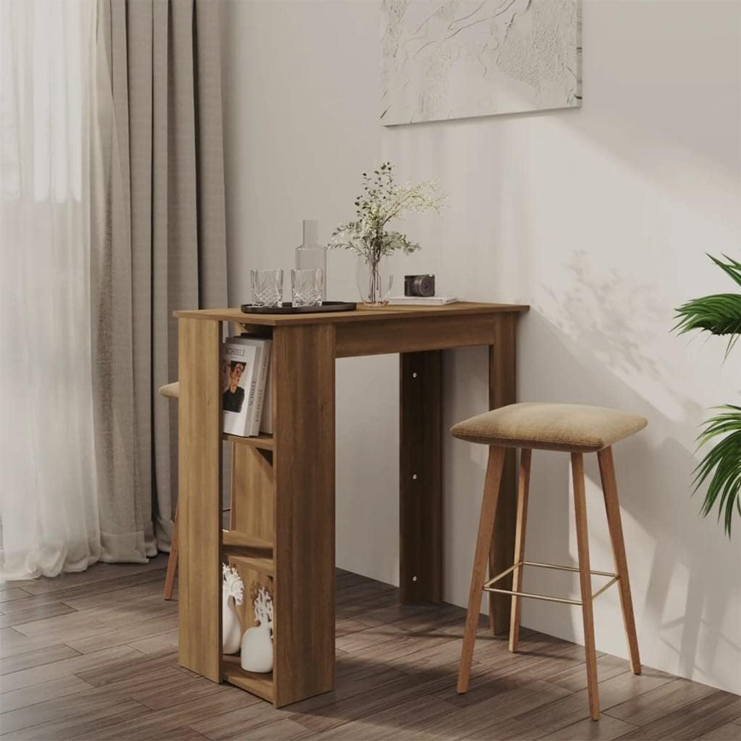 Keukentafel, vergadertafel, lounge, bartafel met plank, bruin eiken, 102 x 50 x 103,5 cm, houtmateriaal