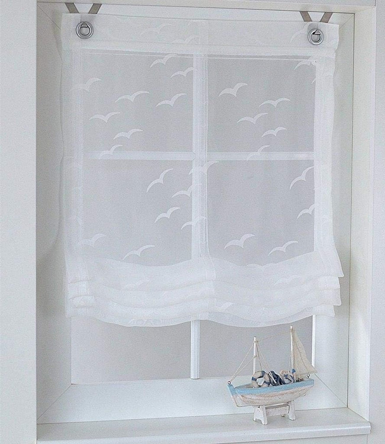 Vouwgordijn oogje rolgordijn wit transparant maritim seabird breedte 45, 60, 80, 100 cm x hoogte 130 cm