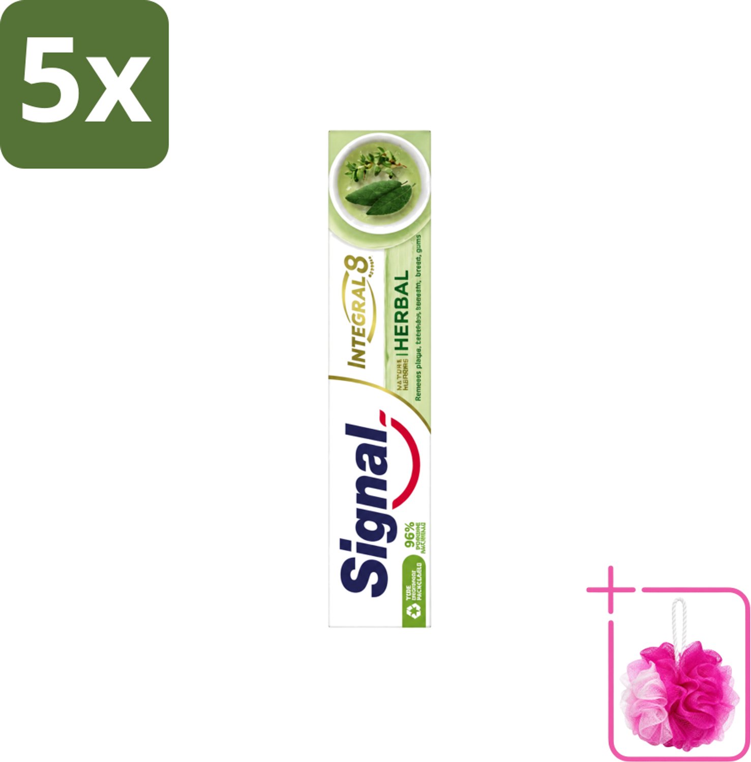 5 x Signal - Integral & Actions - Tandpasta - Natuurlijke Kruiden - Gerecyclede Verpakking - 75 ml - Bulkverpakking - Tandpasta - Douchemop - Natuurlijke kruiden