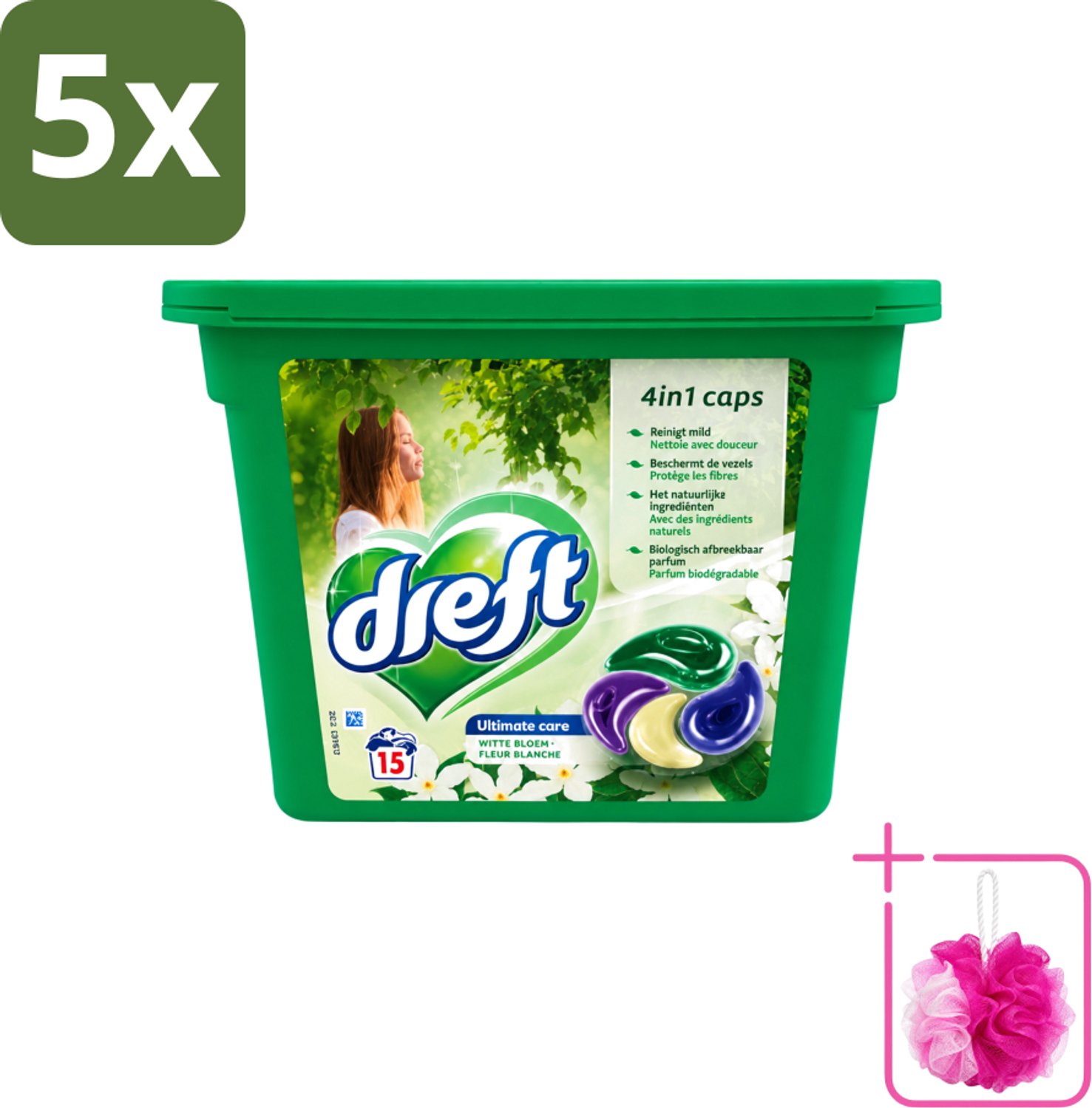 5 x Dreft - Wasmiddelcapsules 4in1 - Witte en Gekleurde Was - Witte Bloem - 15 Wasbeurten - Bulkverpakking - Wasmiddelcapsules - Douchemop - Witte Bloem
