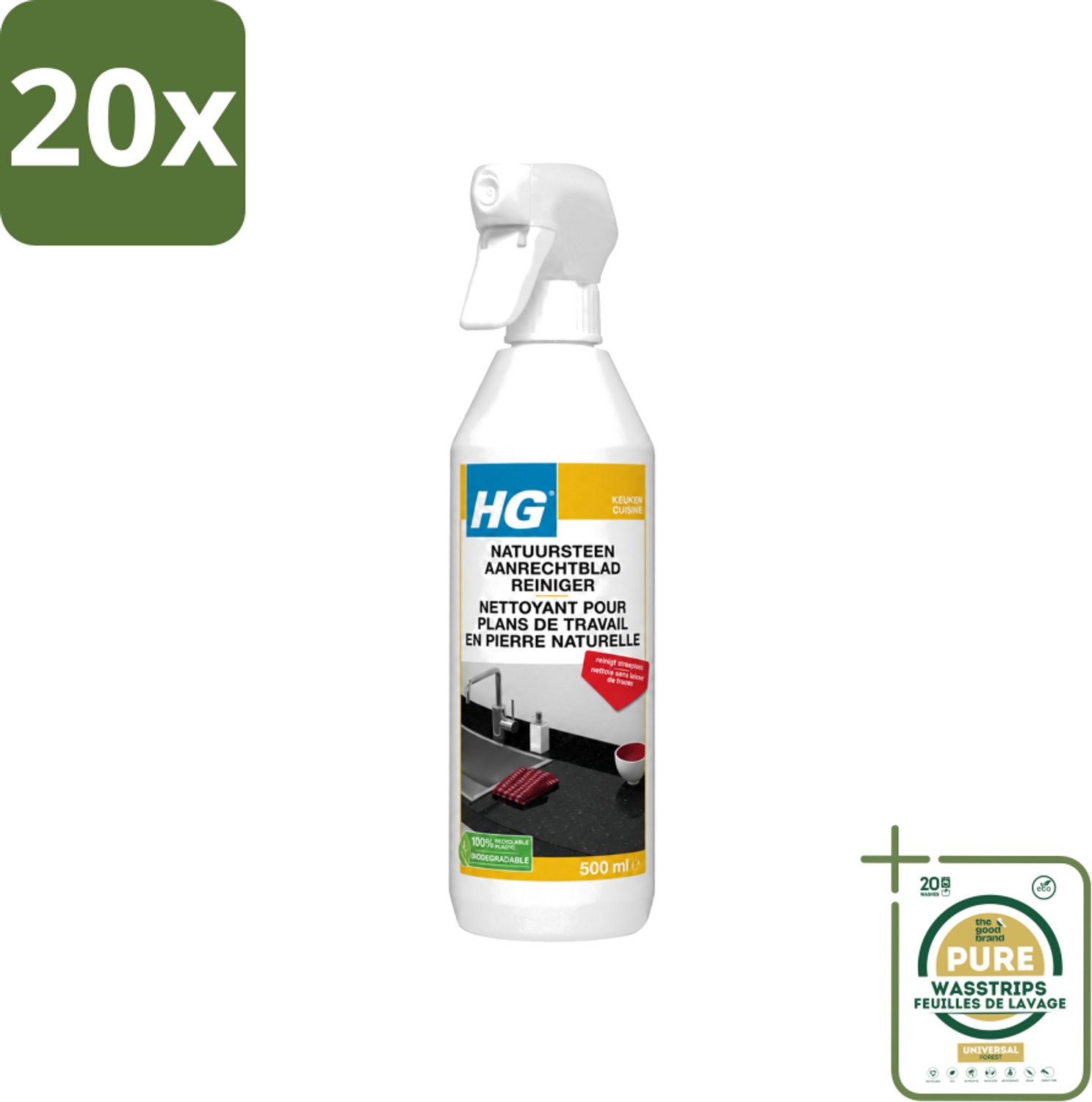 20 x HG - Natuursteen Aanrechtblad Reiniger - Reinigt Streeploos - 500 ml - Wasstrips - Natuursteen Aanrechtblad Reinigen - Natuursteen Reinigen - Graniet Reinigen - Marmer Reinigen - Hardsteen Reinigen