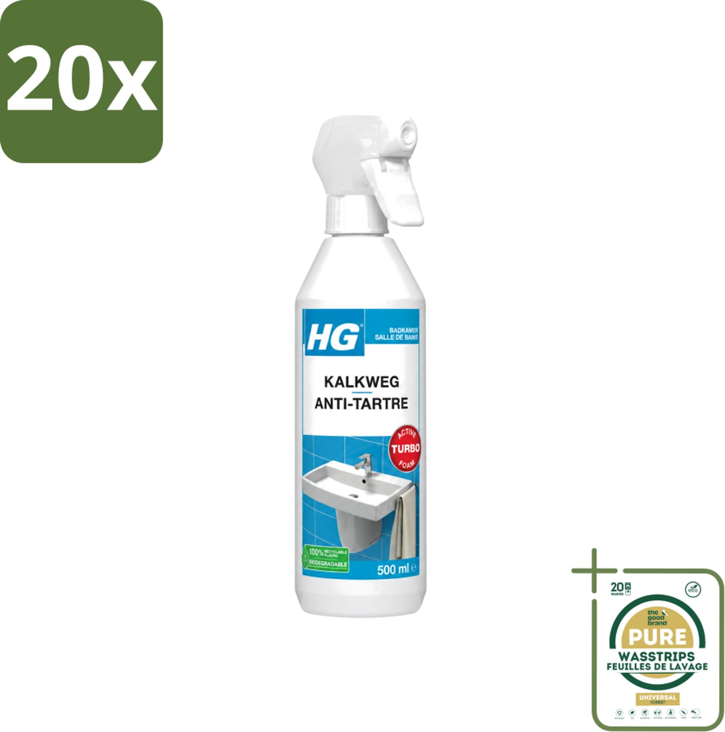 20 x HG - Badkamer - Kalkweg Schuimspray - Verwijdert Kalk Snel - 500 ml - Wasstrips - Kalk Verwijderen - Kalkaanslag Verwijderen - Schuimspray Badkamer - Kalk Weg - Badkamer Reinigen