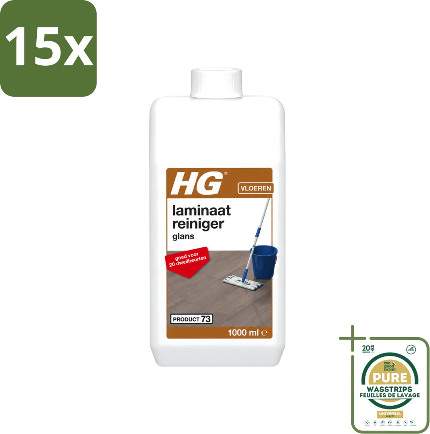 15 x HG - Laminaat, Vinyl & PVC Reiniger Glans - Concentraat - Frisse Geur - 20 Dweilbeurten - 1L - Wasstrips - Laminaat Reinigen - Glans Herstellen - Dweil Reiniger - Vloer Reinigen - Laminaat Schoonmaken