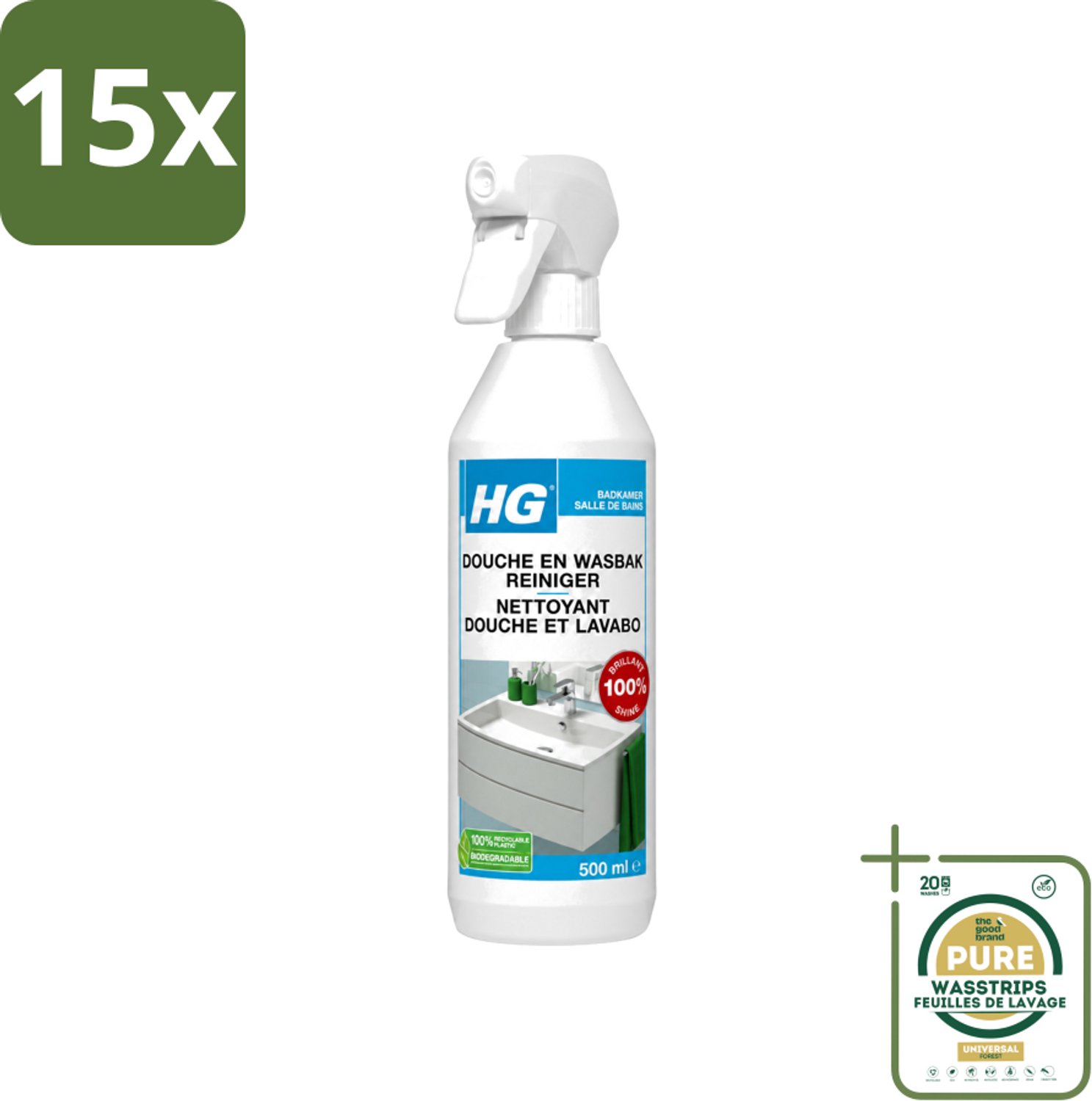 15 x HG - Badkamer - Douche-& Wasbakreiniger - Spray - Extra Glans - 500 ml - Wasstrips - Badkamer Reinigen - Douche Reinigen - Wasbak Reinigen - Kalk Verwijderen - Zeepresten Verwijderen