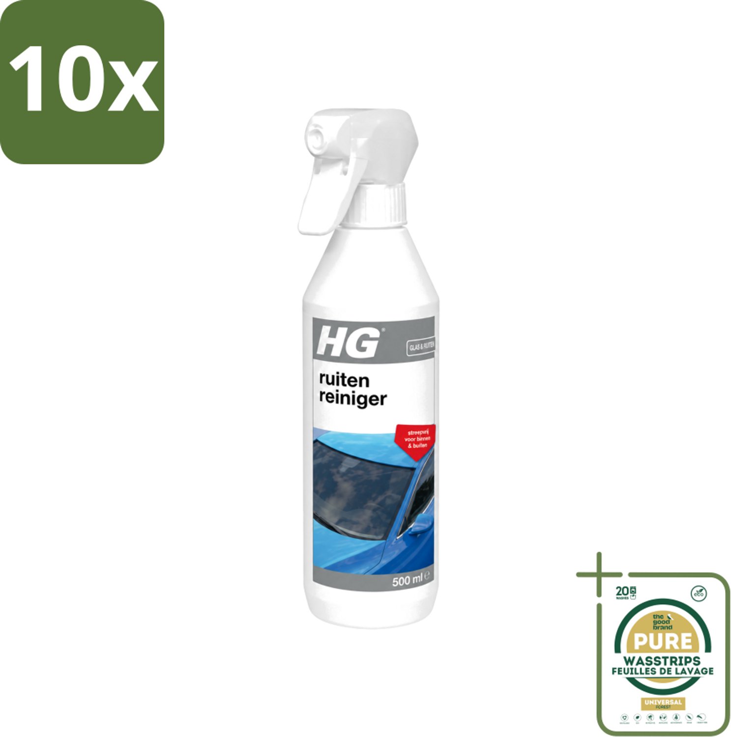 10 x HG - Ruitenreiniger - Streepvrij Voor Binnen & Buiten - 500 ml - Wasstrips - Ruitenreiniger - Ruiten Reinigen - Ruiten Reinigen Binnen En Buiten - Ruiten Reinigen Auto - Ruiten Reinigen Caravan