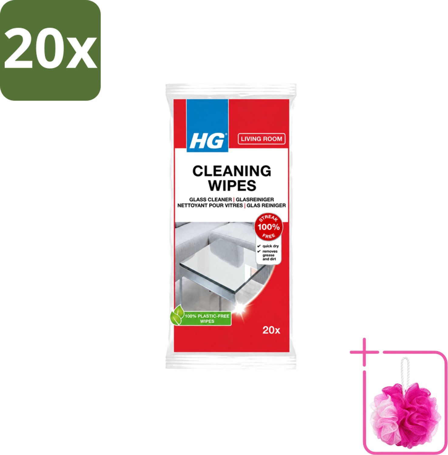 20 x HG - Woonkamer - Glasreinigingsdoekjes - Reinigt Streeploos - 20 Doekjes - Bulkverpakking - Glas reinigen - Douchemop - Spiegel reinigen