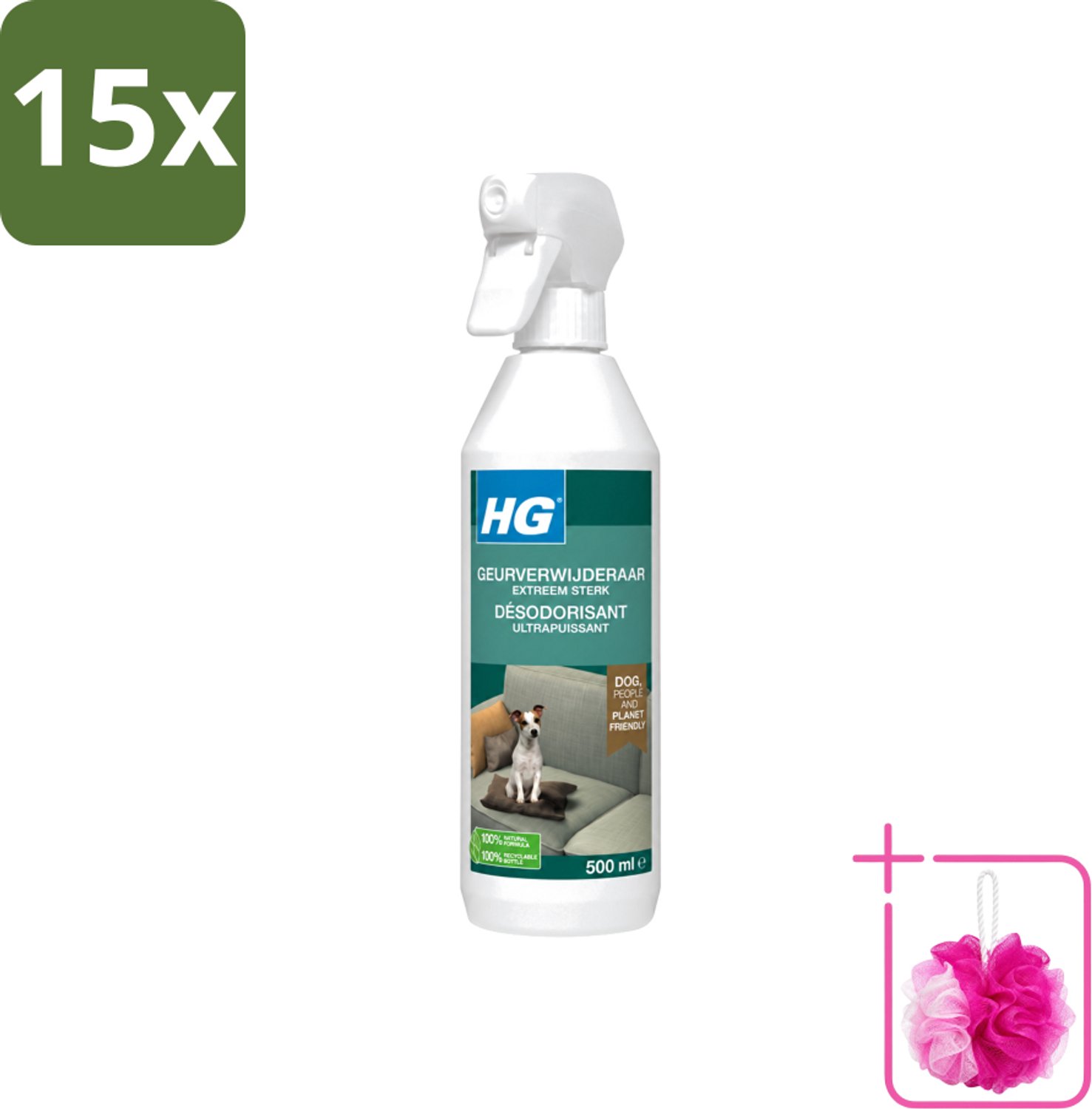 15 x HG - Geurverwijderaar Hond Spray - Extreem Sterk - Werkt Binnen 30 Minuten - 100% Biologisch - 500 ml - Bulkverpakking - Geurverwijderaar hond - Douchemop - Hond geur
