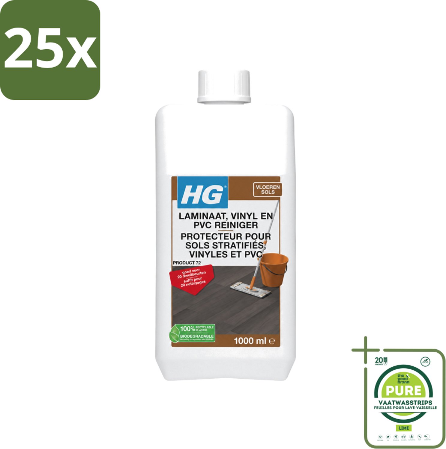 25 x HG - Laminaat, Vinyl & PVC Reiniger - Frisse Geur - Reinigt Streeploos - 20 Dweilbeurten - 1L - Grootverpakking - Vaatwasstrips - Laminaatreiniger - Vloerreiniger - Dweilbeurt - Laminaatvloer - Reinigen