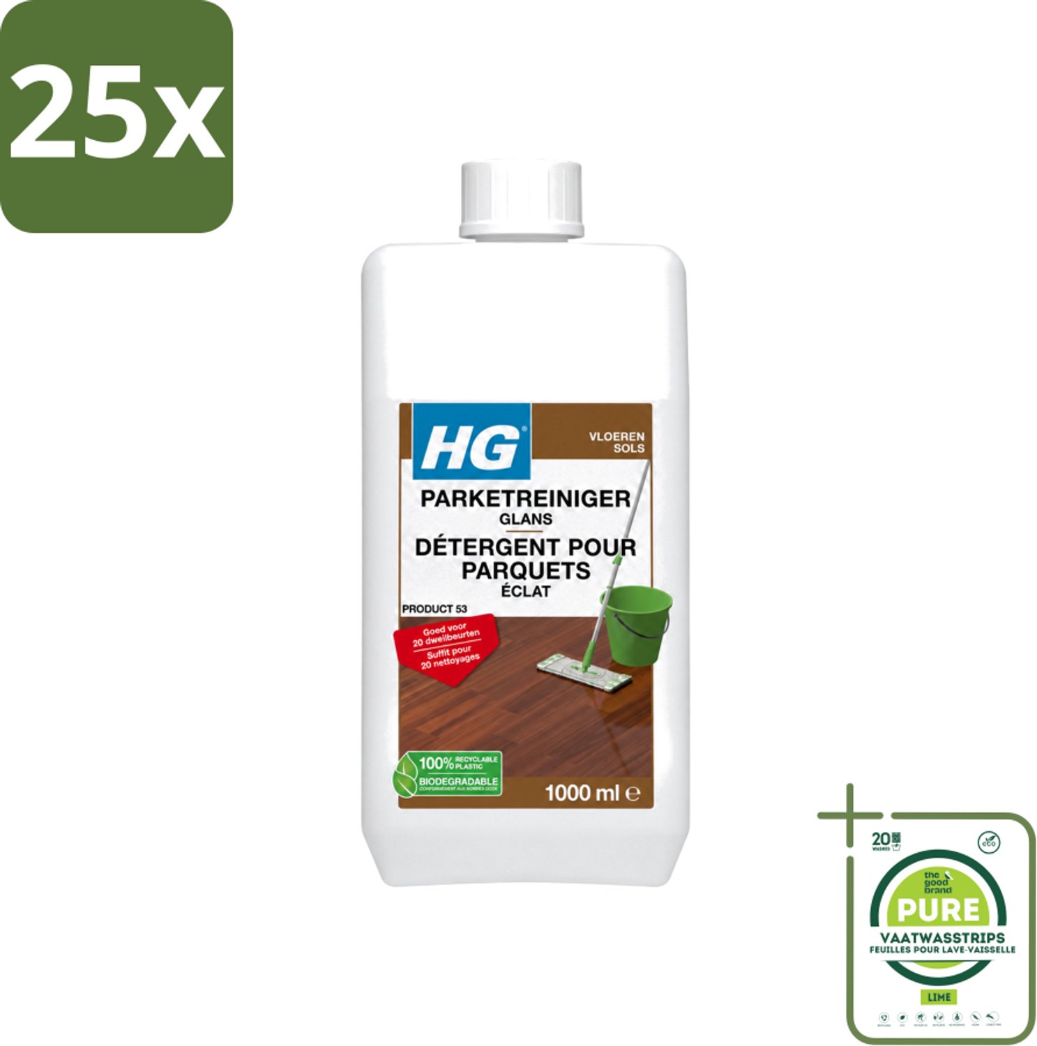 25 x HG - Vloeren - Parketreiniger Glans - 20 Dweilbeurten - 1L - Grootverpakking - Vaatwasstrips - Parket Reinigen - Parket Glans Herstellen - Parket Reiniger - Parketvloer Reinigen - Parketvloer Beschermen