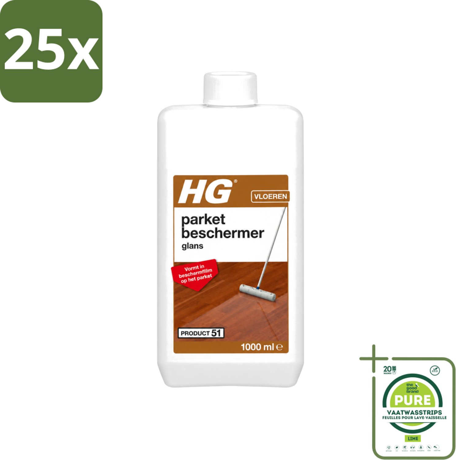 25 x HG - Parket Beschermer Glans - Vloeibare Emulsie - Vormt in Beschermfilm - 1L - Grootverpakking - Vaatwasstrips - Parket Beschermer - Slijtage Bescherming - Krassen Bescherming - Anti-slip - Parket Beschermfilm