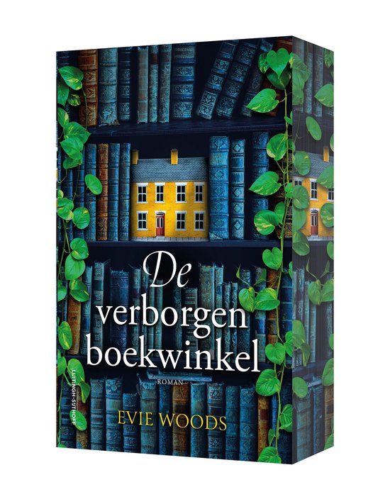 Couverture du livre De verborgen boekwinkel par Evie Woods, avec une maison jaune dans une bibliothèque bleue et du lierre.