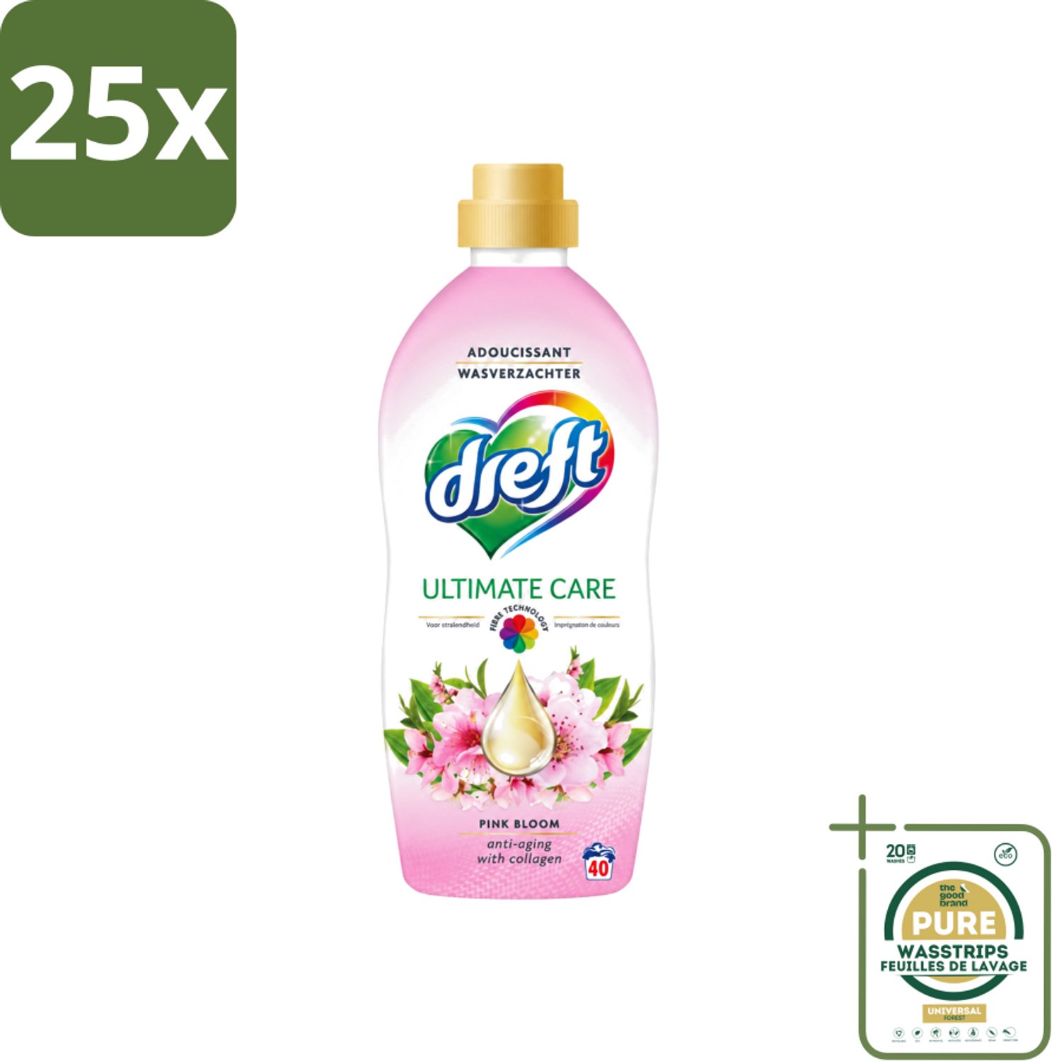 25 x Dreft - Ultimate Care - Wasverzachter - Roze Bloem - Anti-Veroudering - 40 Wasbeurten - Wasstrips - Wasverzachter - Anti-aging - Kleurbescherming - Wasgoed Verzorging - Roze Bloem Geur