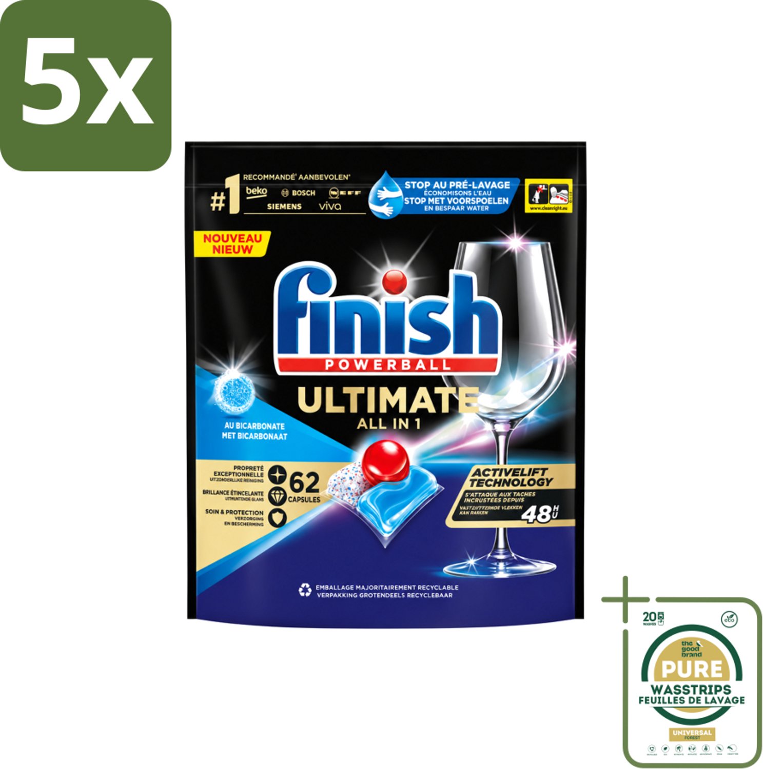 5 x Finish Powerball - Ultimate All in One - Vaatwastabletten - Met Bicarbonaat - 62 Capsules - Wasstrips - Vaatwasmiddel - Vaatwascapsules - Glans - Reiniging - Vlekken Verwijderen