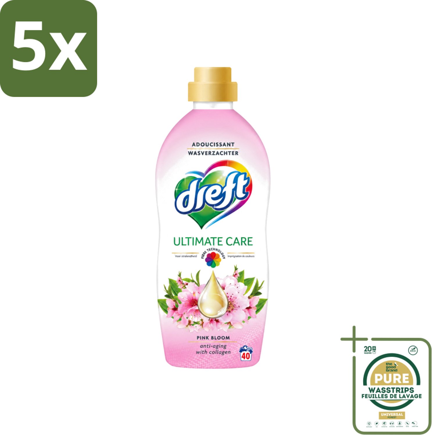 5 x Dreft - Ultimate Care - Wasverzachter - Roze Bloem - Anti-Veroudering - 40 Wasbeurten - Wasstrips - Wasverzachter - Anti-aging - Kleurbescherming - Wasgoed Verzorging - Roze Bloem Geur