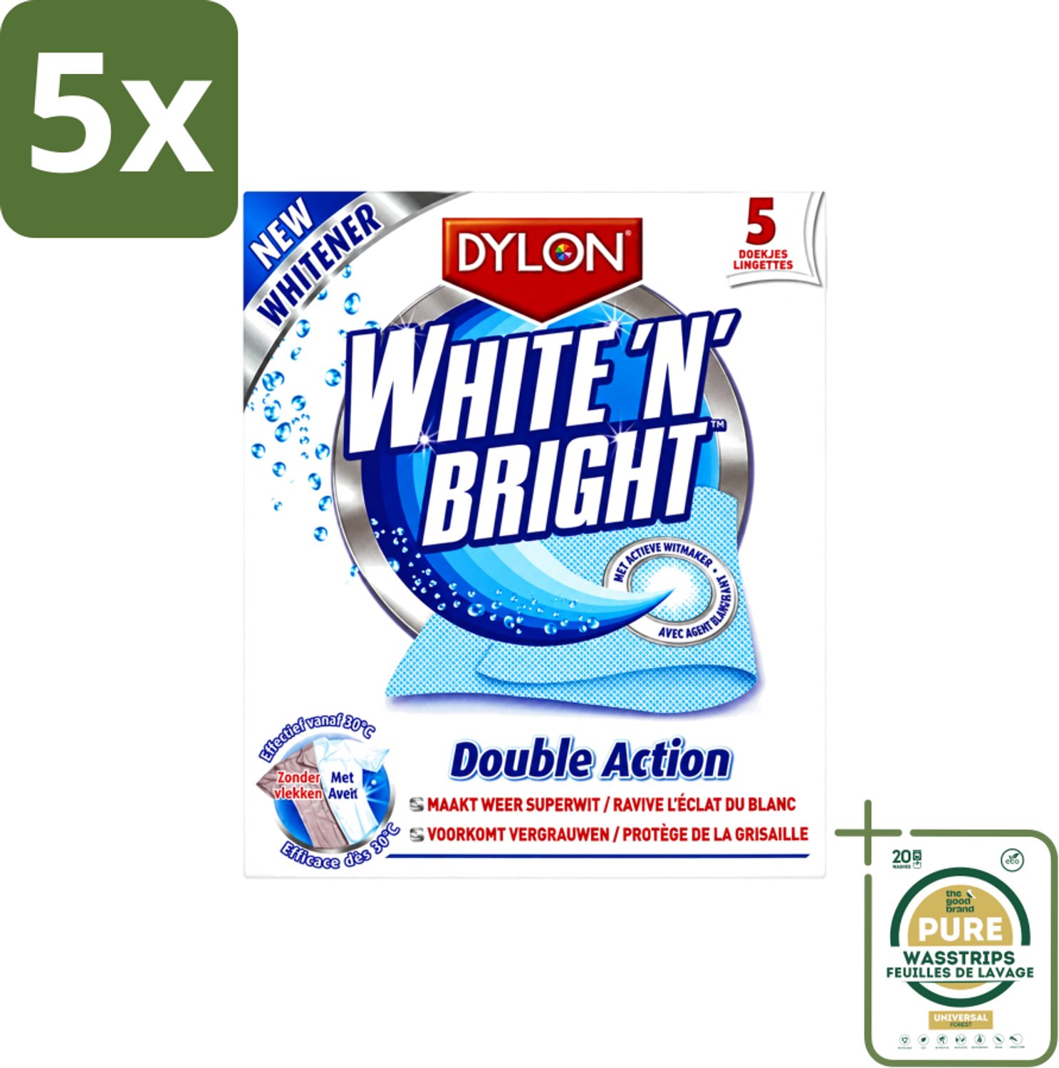5 x Dylon - Vlekverwijderaar - White & Bright - Superwit & Vlekkeloos - 5 Doekjes - Wasstrips - Wit Maken Kleding - Vlekverwijderaar - Wit Textiel - Koffievlek - Theevlek