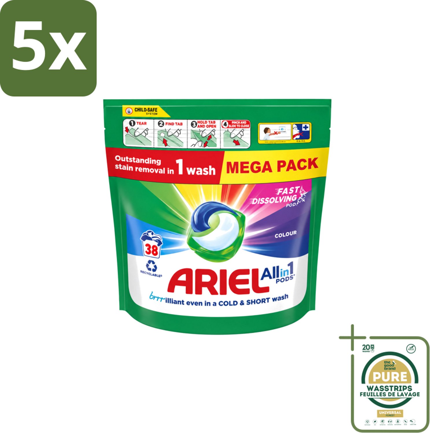 5 x Ariel – Pods All-in-1 – Color – 38 wasbeurten - Wasstrips - Kleurbehoud Wasmiddel - Gekleurde Was - Ariel Pods Color - Wasmiddel Voor Gekleurde Kleding - Kleurvervaging Voorkomen