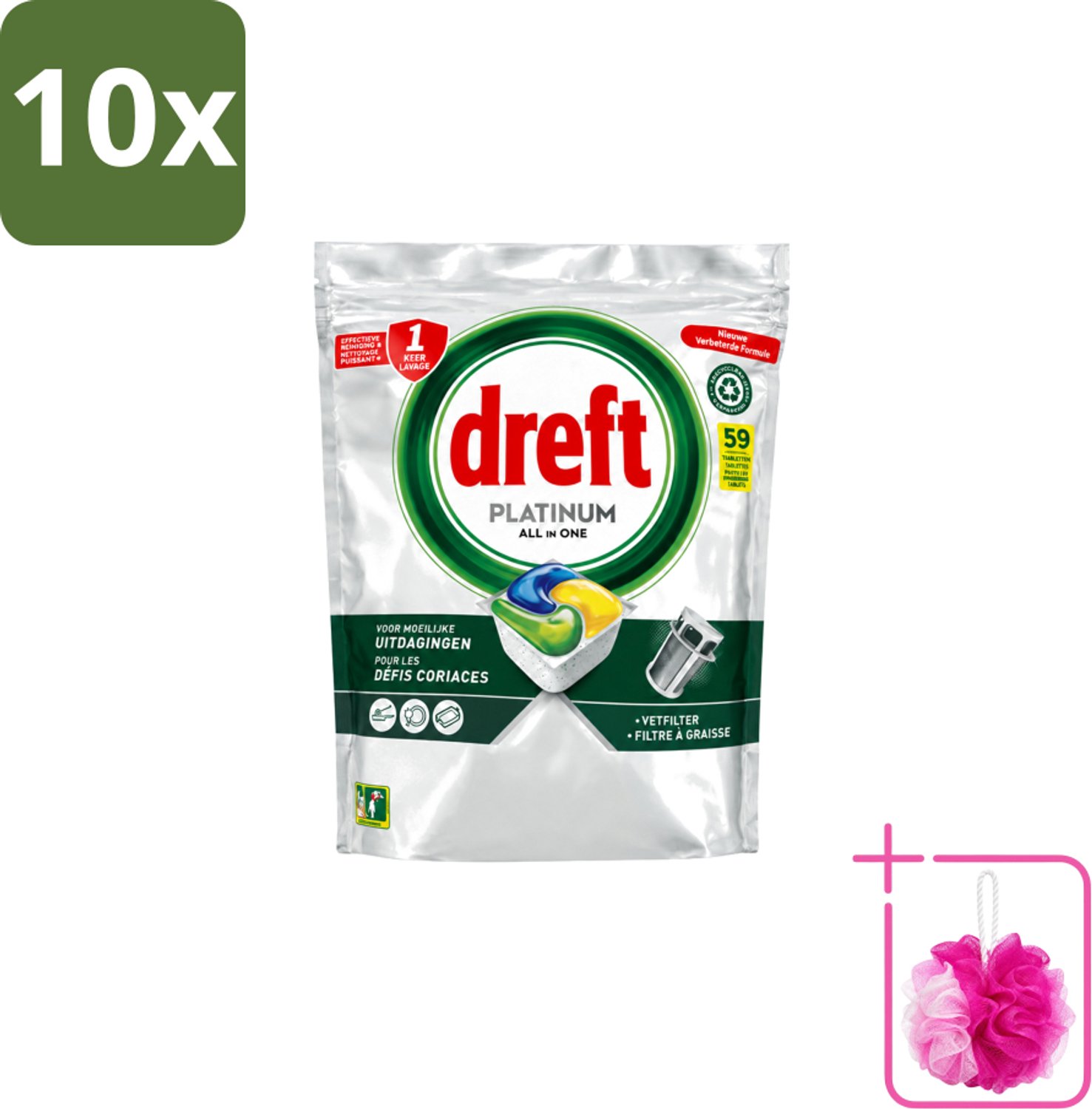 10 x Dreft – Vaatwastabletten – All-in-One Platinum – Lemon – 59 Tabletten - Bulkverpakking - Vaatwastabletten - Douchemop - Vaatwasser