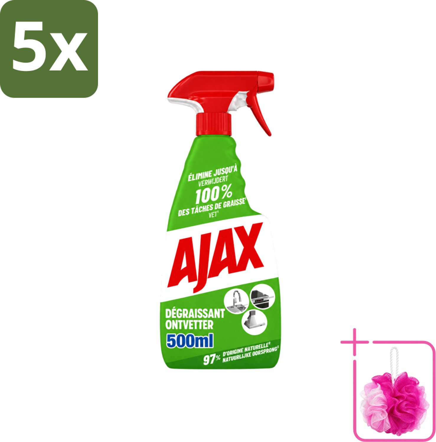 5 x Ajax – Ontvetter Spray – 500 ml - Bulkverpakking - Ajax ontvetter - Douchemop - Ontvetter spray 500 ml