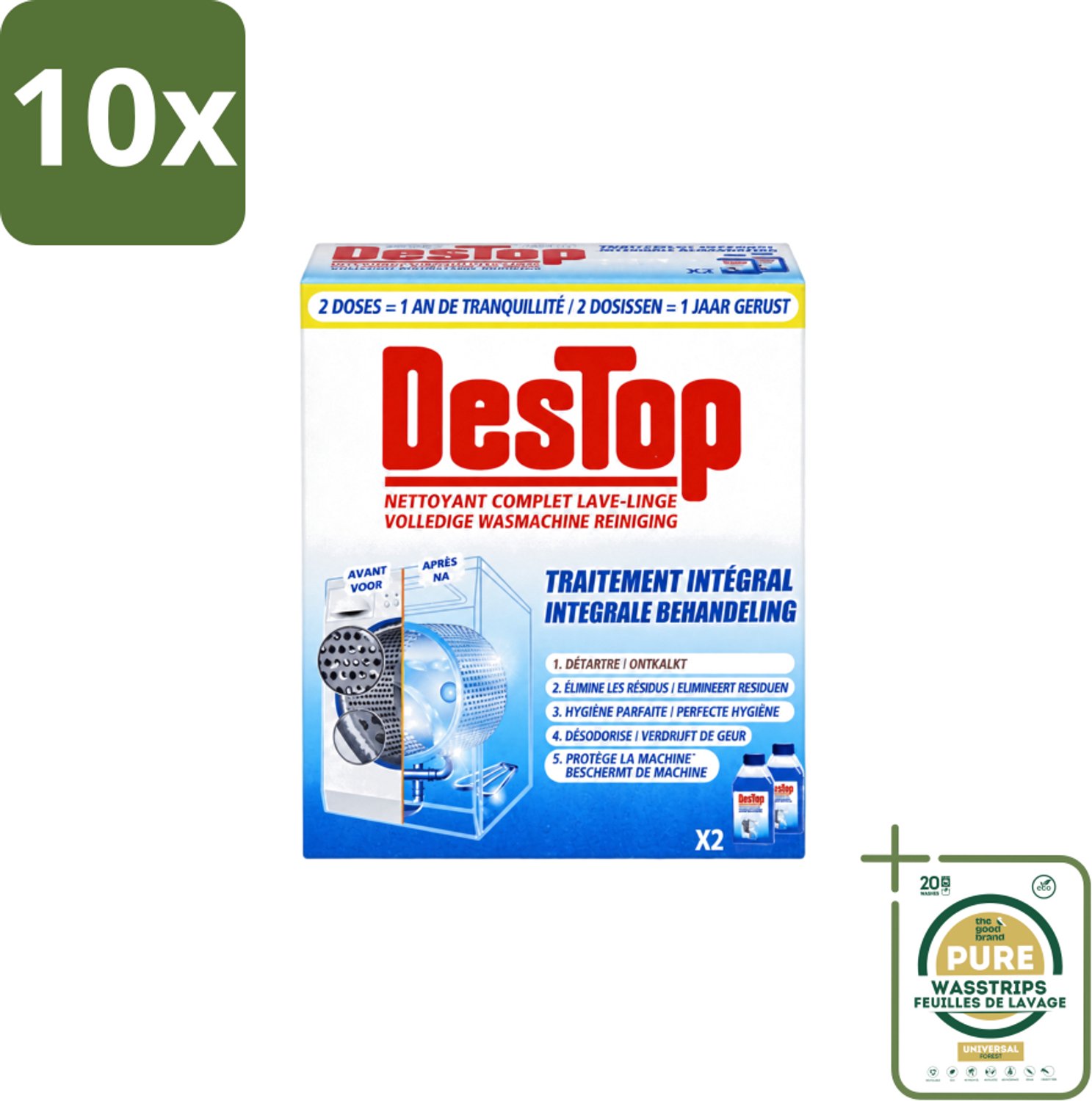 10 x Destop - Wasmachine reiniger - Integrale Behandeling - Duopack - Wasstrips - Wasmachine Reiniger - Kalkverwijdering - Wasmachine Reinigen - Wasmachine Hygiëne - Wasmachine Onderhoud