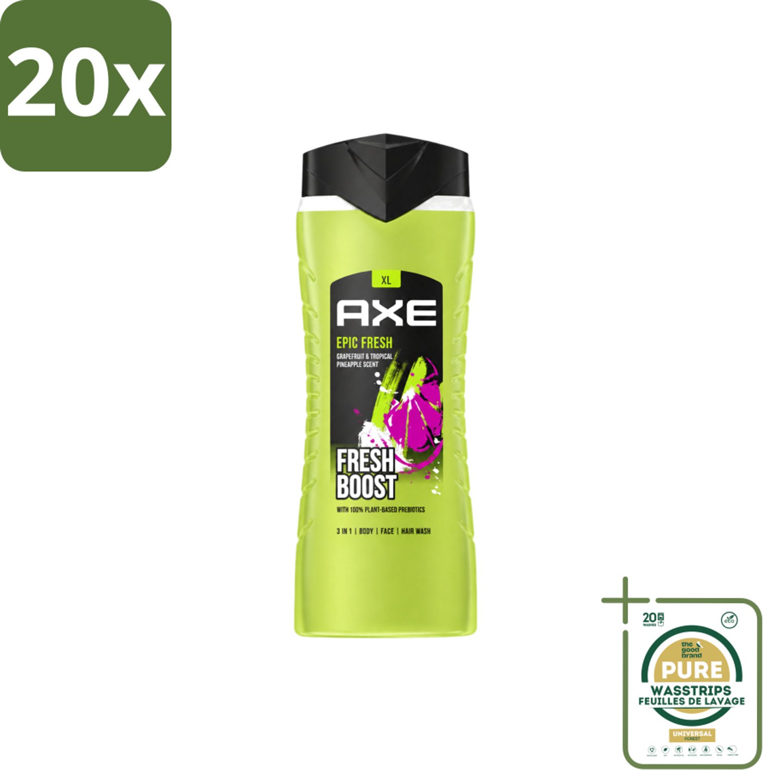 20 x AXE – Douchegel – Epic Fresh Fresh Boost 3-in-1 – 400 ml - Wasstrips - Douchegel - Frisheid - Lichaam - Gezicht - Haar