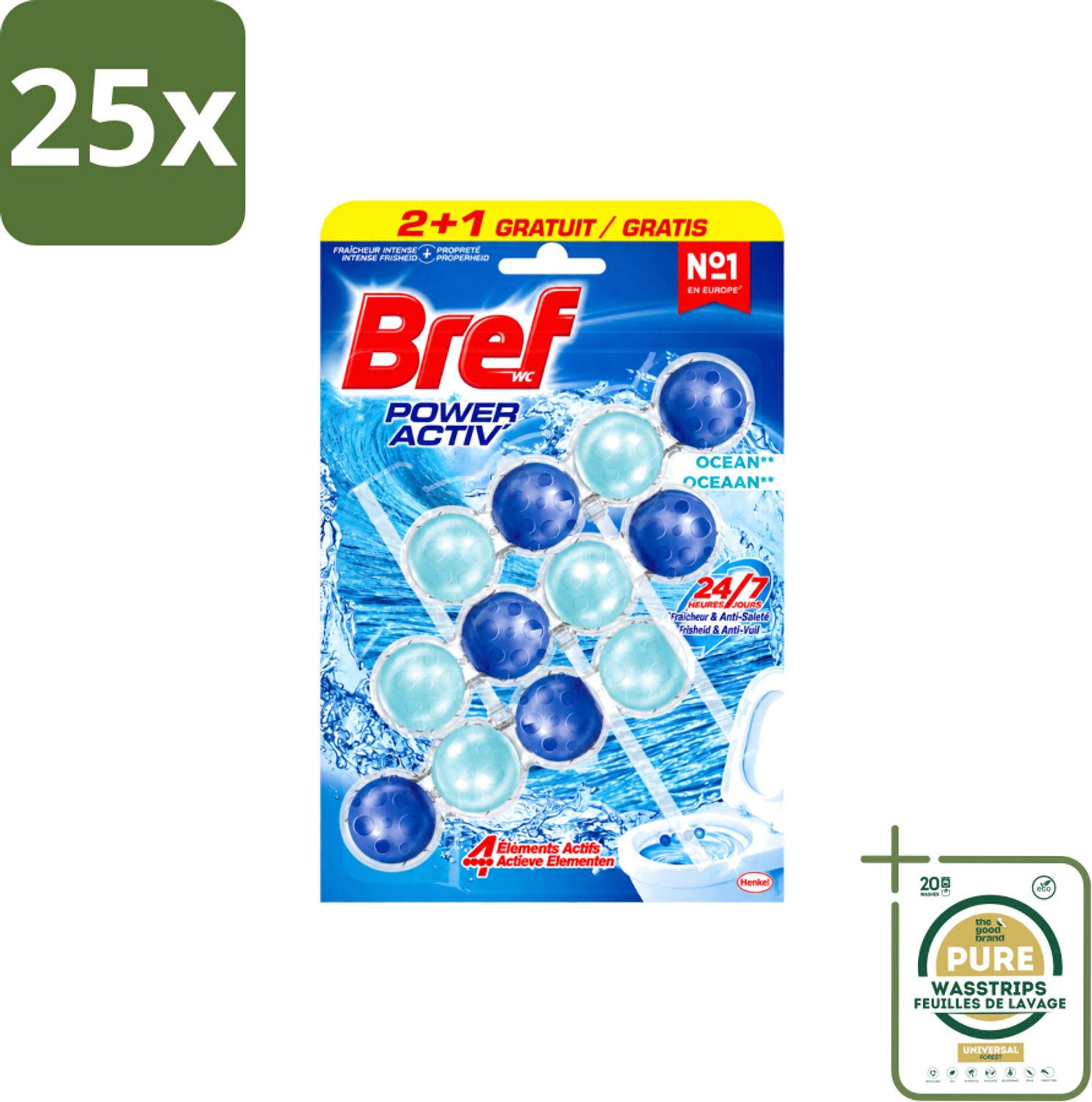 25 x Bref – Toiletblok – Power Aktiv Ocean – Multipack - Wasstrips - Toiletblok Multipack - Anti-kalk Toiletblok - Frisse Toiletgeur - Krachtige Reiniging - Ocean Geur