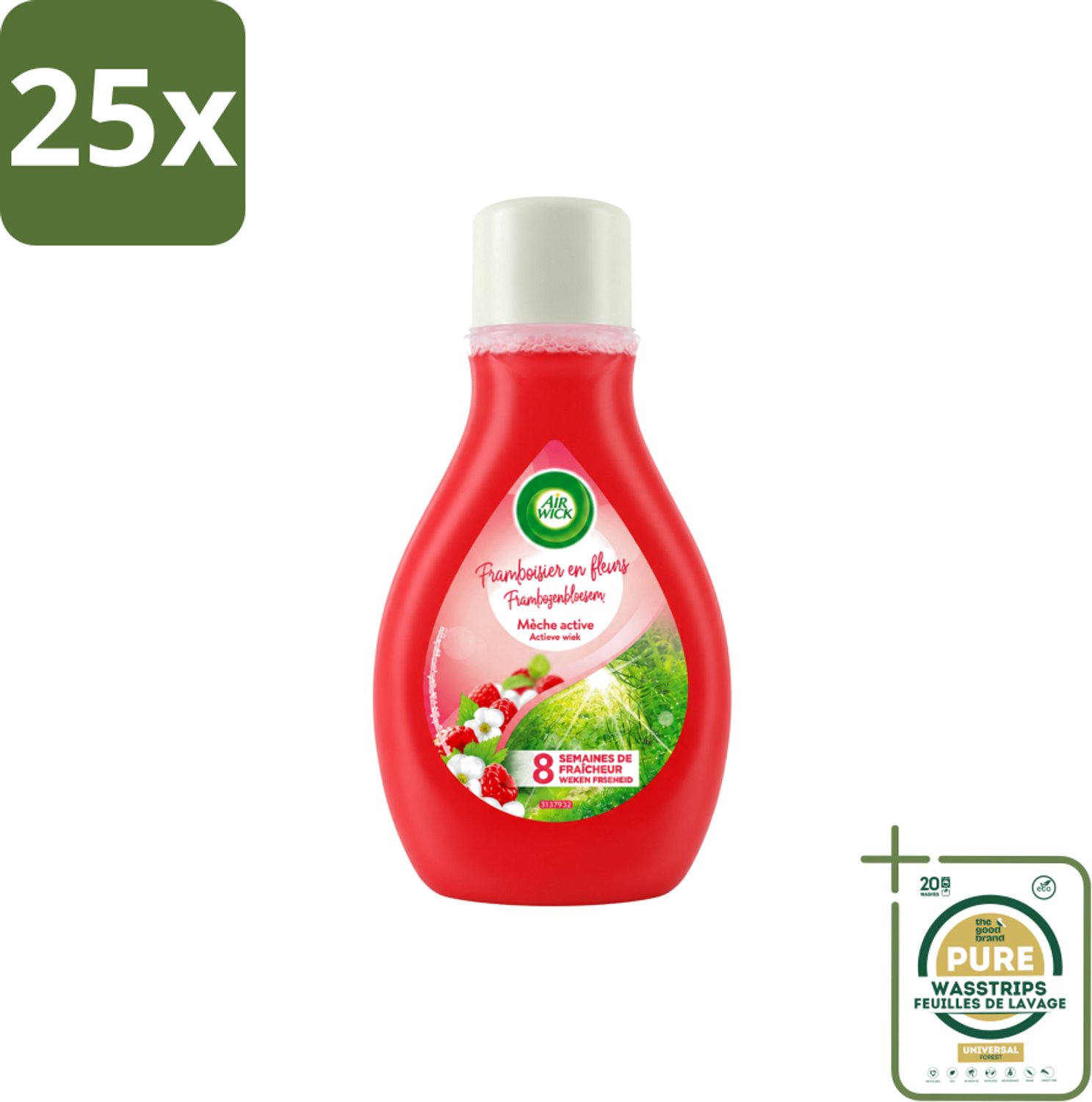 25 x Air Wick – Luchtverfrisser – Actieve Wiek Framboos & Bloesem – 375 ml - Wasstrips - Luchtverfrisser - Geur - Framboos En Bloesem - Actieve Wiek - Geurverspreiding