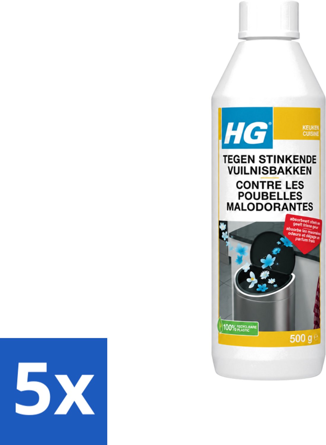 5 x HG - Tegen Stinkende Vuilnisbakken - Neutraliseert Geuren - 500 g - Voordeelverpakking - 5 stuks