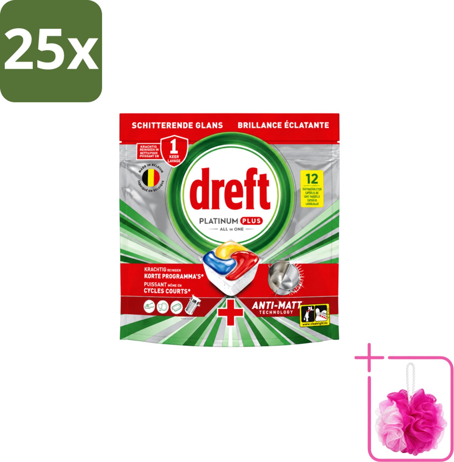 25 x Dreft – Vaatwastabletten – Platinum Plus All-in-One – Lemon – 12 Tabletten - Bulkverpakking - Vaatwasmiddelen - Douchemop - Vaatwastabletten