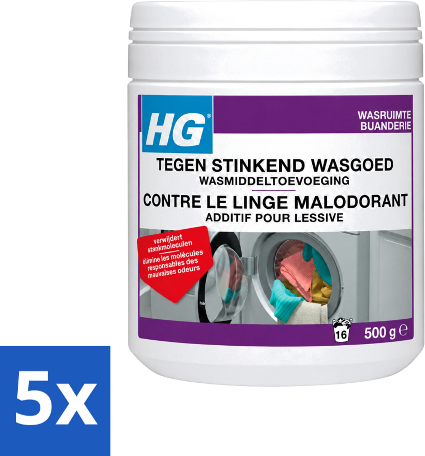 5 x HG - Wasruimte - Tegen Stinkend Wasgoed - Wasmiddeltoevoeging - 500 g - Voordeelverpakking - 5 stuks